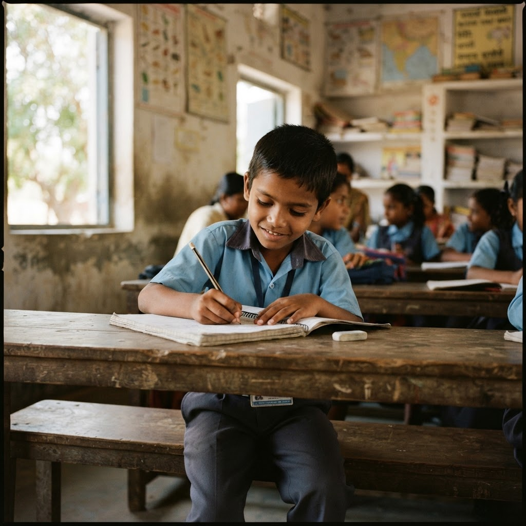 A young boy writing in a notebook at a desk