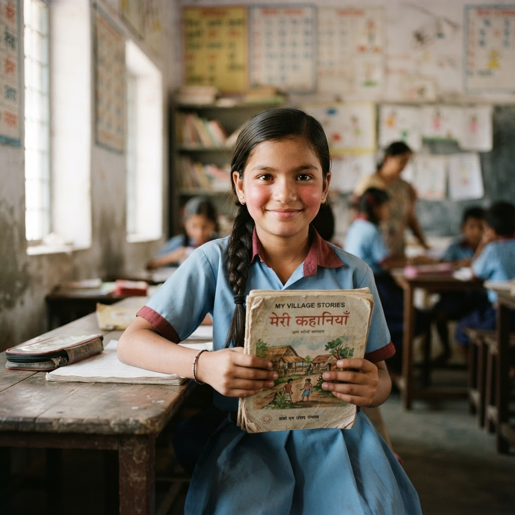A young girl smiling while holding a book