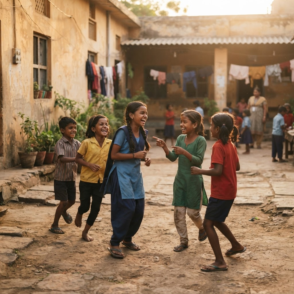 A group of children playing together in a courtyard